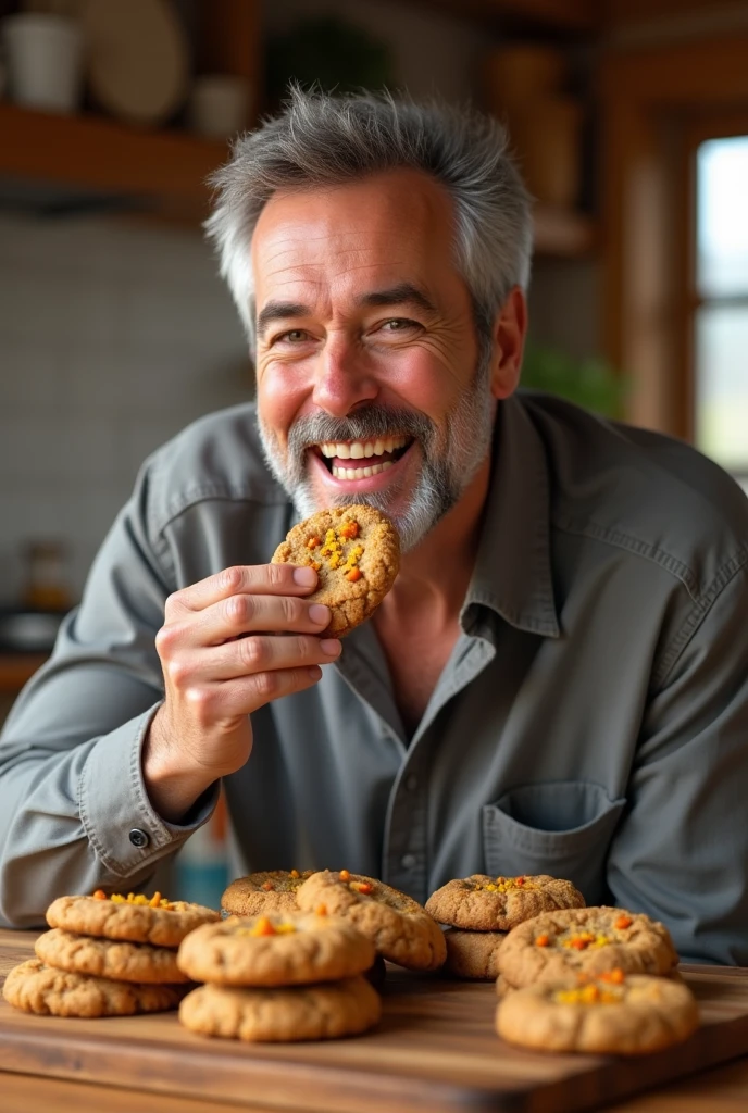 a real looking image of Spiced Carrot and Quinoa Cookies, A real man eating the cookie