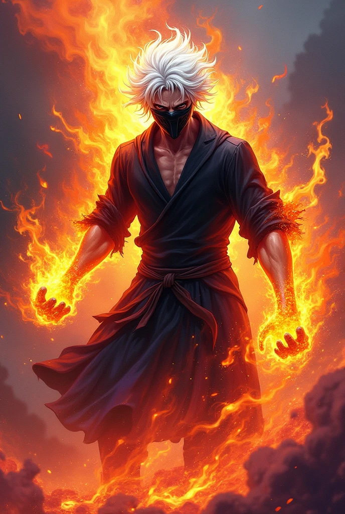 The man holds a flame in his left hand, thunder and lightning in his right hand, terrifying eyes, and wears a Taoist robe。