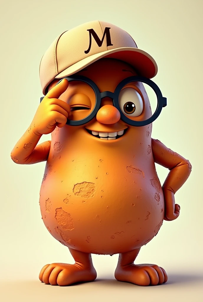 Melloco tuber with glasses and a baseball cap with the letter M and smiling, covering one eye with his muscular hand