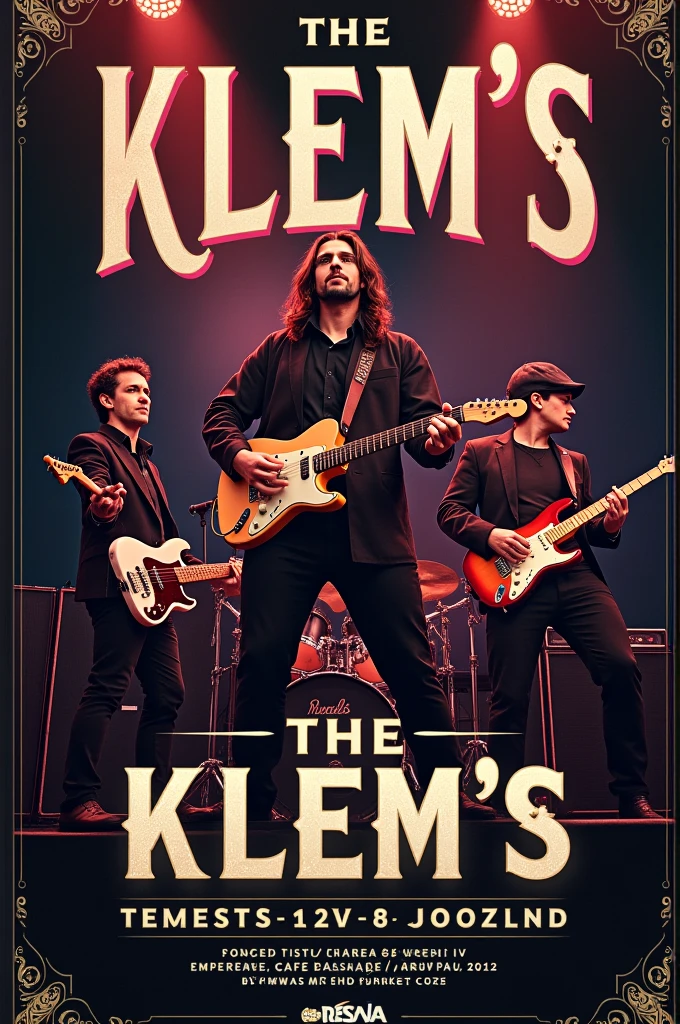 Créer une affiche moderne pour un concert d’un chanteur, un drummer, un bassiste, deux guitaristes. dans un style rock réaliste château Henri 4. pour le band « The Klem’s ». Date le 06/09/24 à 20h au café du passage Carnot à Pau.