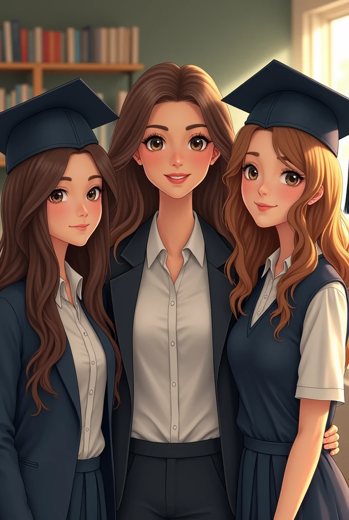 Crea una foto de una maestra y dos alumnas una de ellas con uniforme de diarioy la otra con birrete 🎓 mujeres con pelos ondulados