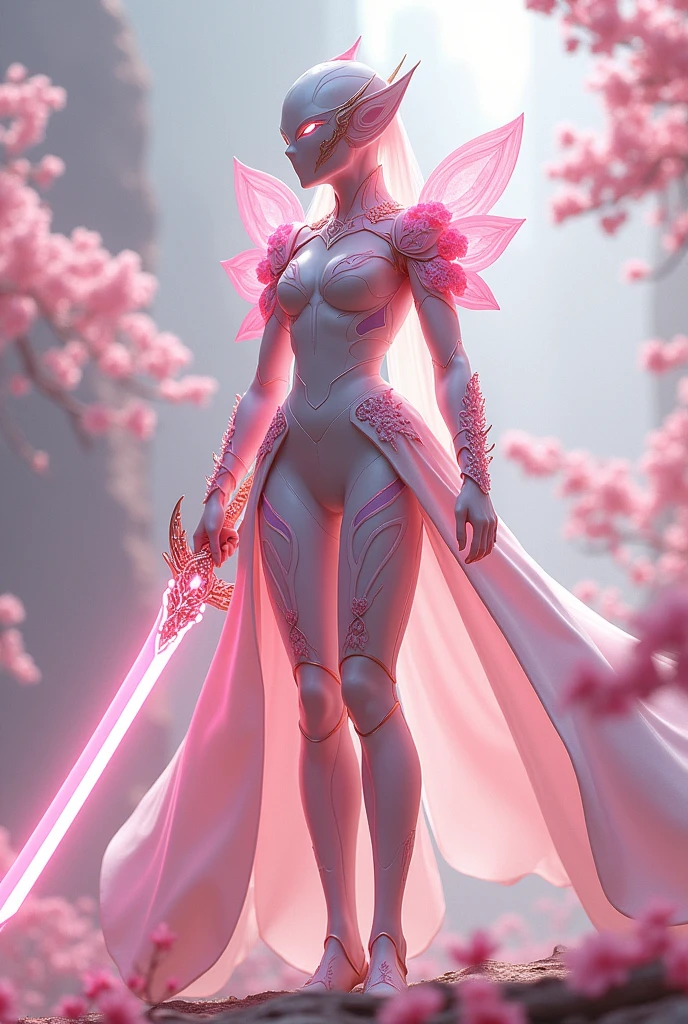 Sakurianas Warrior with the Sakura SwordThe tall, elegant warrior from the Sakurianas species is a vision of grace and power. She wears a unique armor made from a material that appears as delicate as Sakura petals but is 100 times stronger than diamond. The armor has a shimmering pink and white color scheme, resembling the natural hues of cherry blossoms. Intricate patterns of blooming Sakura flowers adorn the chest plate and shoulder guards, giving the armor an organic and fluid appearance. Her helmet, with a visor shaped like overlapping petals, completes the look, fitting perfectly to her form. Glowing pink veins of energy run through the armor, reflecting the regenerative and powerful nature of the wearer.In the warrior's hand is the Sakura Sword. This sword features a long, slightly curved blade forged from a pink metallic material that softly glows with a delicate aura. The blade is engraved with subtle designs of Sakura branches, which shimmer in shades of pink and gold as light hits it. The hilt is wrapped in pearl-white leather, adorned with rose gold accents, and at the base of the hilt, a small Sakura flower carved from rose quartz adds a final touch of elegance. The minimalist guard of the sword, decorated with small pink crystals, echoes the delicate branches of a cherry blossom tree.