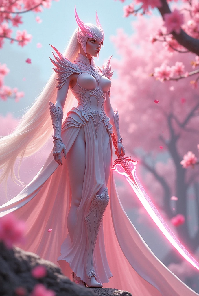 Sakurianas Warrior with the Sakura SwordThe tall, elegant warrior from the Sakurianas species is a vision of grace and power. She wears a unique armor made from a material that appears as delicate as Sakura petals but is 100 times stronger than diamond. The armor has a shimmering pink and white color scheme, resembling the natural hues of cherry blossoms. Intricate patterns of blooming Sakura flowers adorn the chest plate and shoulder guards, giving the armor an organic and fluid appearance. Her helmet, with a visor shaped like overlapping petals, completes the look, fitting perfectly to her form. Glowing pink veins of energy run through the armor, reflecting the regenerative and powerful nature of the wearer.In the warrior's hand is the Sakura Sword. This sword features a long, slightly curved blade forged from a pink metallic material that softly glows with a delicate aura. The blade is engraved with subtle designs of Sakura branches, which shimmer in shades of pink and gold as light hits it. The hilt is wrapped in pearl-white leather, adorned with rose gold accents, and at the base of the hilt, a small Sakura flower carved from rose quartz adds a final touch of elegance. The minimalist guard of the sword, decorated with small pink crystals, echoes the delicate branches of a cherry blossom tree.