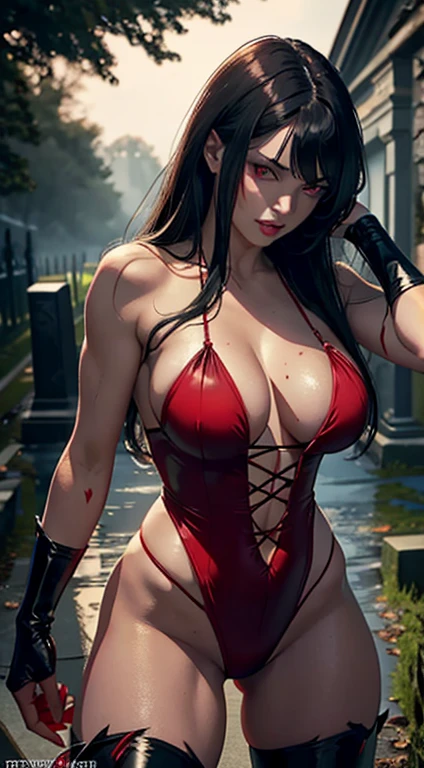 Sexy Vampirella in a red deep V swimsuit, night in the cemetery, oily and shiny skin, Red eyes) athletic and fit body, mischievous, horny, perfect hands, Detailed hands, Perfect eyes, detailed eyes, flirtatious, sexy, mischievous, big happy , realist, HdR, HD, dynamic, Front view, dark outside. Moonlight, glowing Red eyes
