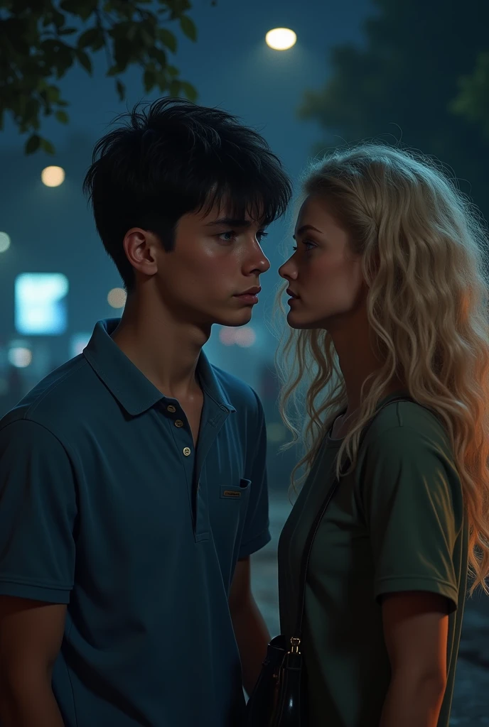 Young man with black short hair and blue polo shirt is completely drunk, drinks alcohol and looks stupidly into the picture, young girl with long blond curly hair tries to be sober herself, both are outside in a dark park in the city HYPER REALISTIC