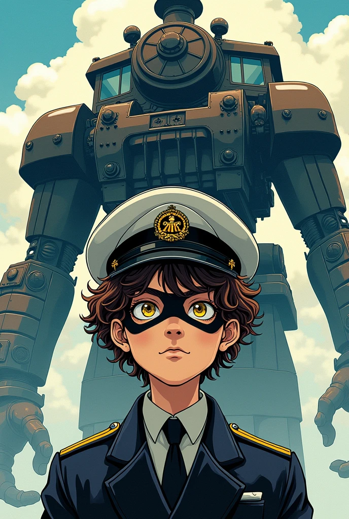 manga style poster with in the foreground a young boy with curly brown hair and yellow eyes dressed like a loyal gentleman with an admiral's cap and a mask covering the left half of his face And in the background a huge monster made of train parts