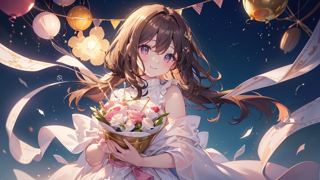 ((Highest quality、masterpiece、Ultra-fine、Ultra-fine、Exquisite、Golden Ratio,16K、Brown Hair,The best smile,Full HD、The night when your smile shines, wrapped in soft light )), (profile,Face blowing out candles on a birthday cake,One person))Long eyelashes、White skin、(Pale pink lips、Pale pink cheeks、thin and long)、((One person)),Birthday Party -,The night when your smile shines, wrapped in soft light