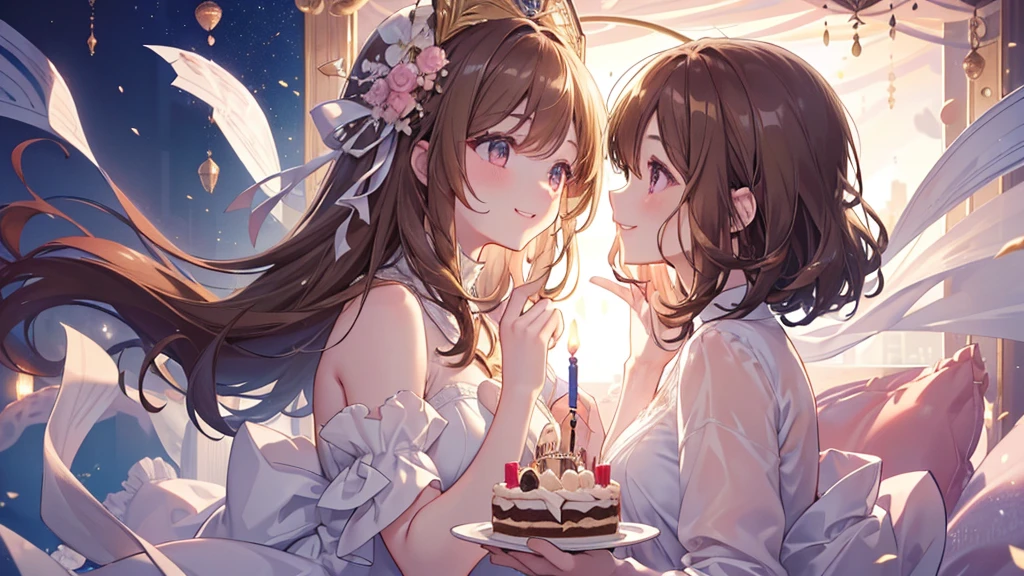 ((Highest quality、masterpiece、Ultra-fine、Ultra-fine、Exquisite、Golden Ratio,16K、Brown Hair,The best smile,Full HD、The night when your smile shines, wrapped in soft light )), (profile,Face blowing out candles on a birthday cake,One person))Long eyelashes、White skin、(Pale pink lips、Pale pink cheeks、thin and long)、((One person)),Birthday Party -,The night when your smile shines, wrapped in soft light