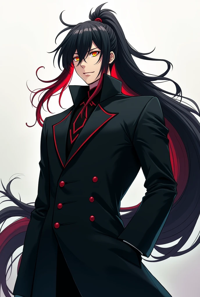 Create a white MALE anime style character with long, voluminous black hair tied in a ponytail with some red streaks and yellowish eyes and wearing a large black coat