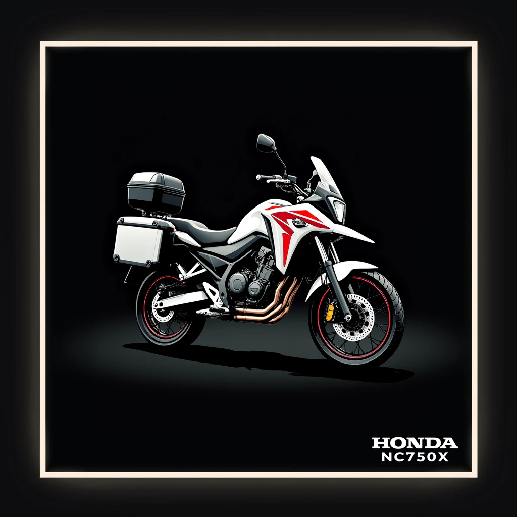 ((Honda NC750X 2016 model year:1.5)) , ((dynamic angle)), ((motorcycle with suitcases)), ((a motorcycle)), (((crear un Logo vectorizado con borde blanco de una moto Honda modelo NC750X))), dark background color, Vectorized style, Logo vector art, Diseño de Logo, simple and clean illustration, Logo, Logo