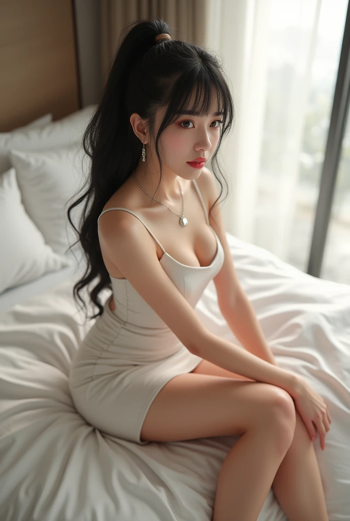 Beautiful Japanese Women,black hair tied in a ponytail,ideal plump body, wearing a silver necklace,wearing a short sexy dress, white color,lying on the bed