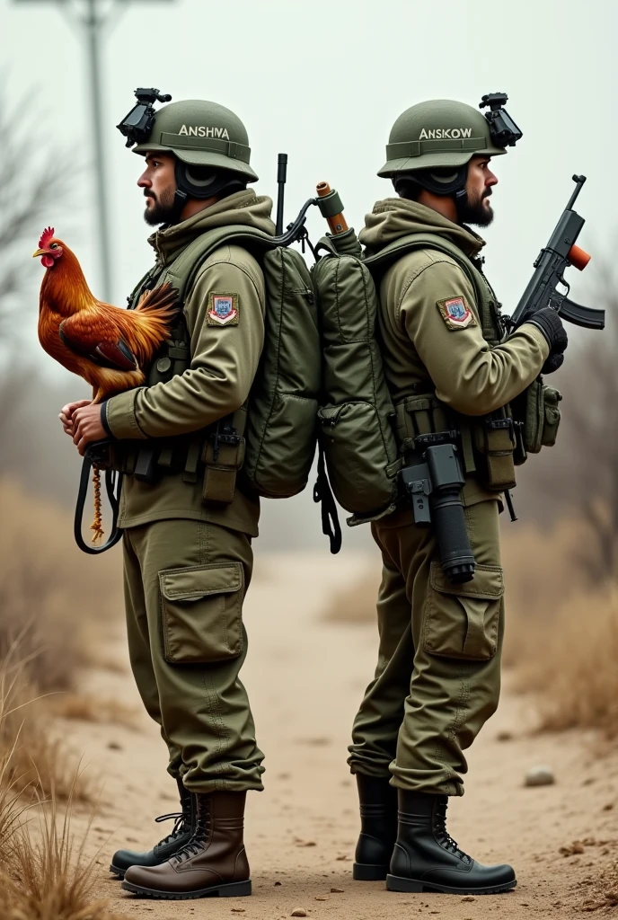Créer une image de 2 soldats de dos sur leur sac à dos est écrit leur nom : Makrow et Anshwa
Anshwa tient un poulet en guise d'arme.
Makrow tient un tube de lubrifiant en guise d'arme. 