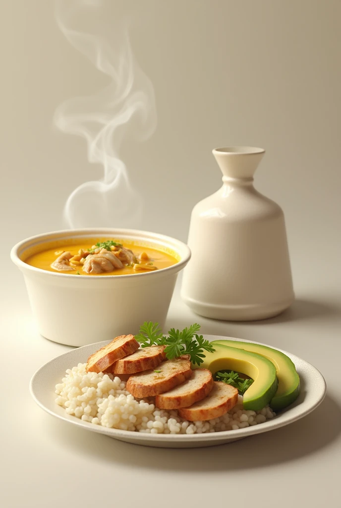 (photorealism:1.2), Styrofoam bowl with yellow soup and a portion of chicken , Next to it is a styrofoam plate with rice and avocado