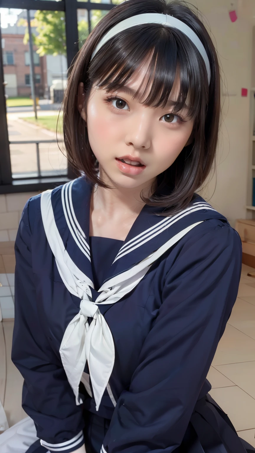 sailor suit, 8k, highest quality, masterpiece, Super detailed, ultra high resolution, realistic, RAW photo, absolute resolution, face is small compared to body, very small face, black hair, navy blue sailor uniform, Dark blue skirt, 3D rendering, realistic young school girl, (white headband:1.4), small breasts, expensive, slanted eyes, (school scenery), black stockings, open your mouth, bob cut,