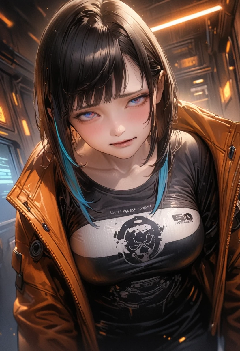 illustration, detailed illustration, ultra detailed, dynamic angle, cyberpunk, 50 year old woman, medium black hair, hair with cyan streaks, mismatched eyes, orange eye, blue eye, lean, medium breasts, black leather top, orange leather jacket, tired expression, cowboy shot, dark bar interior, dark environment