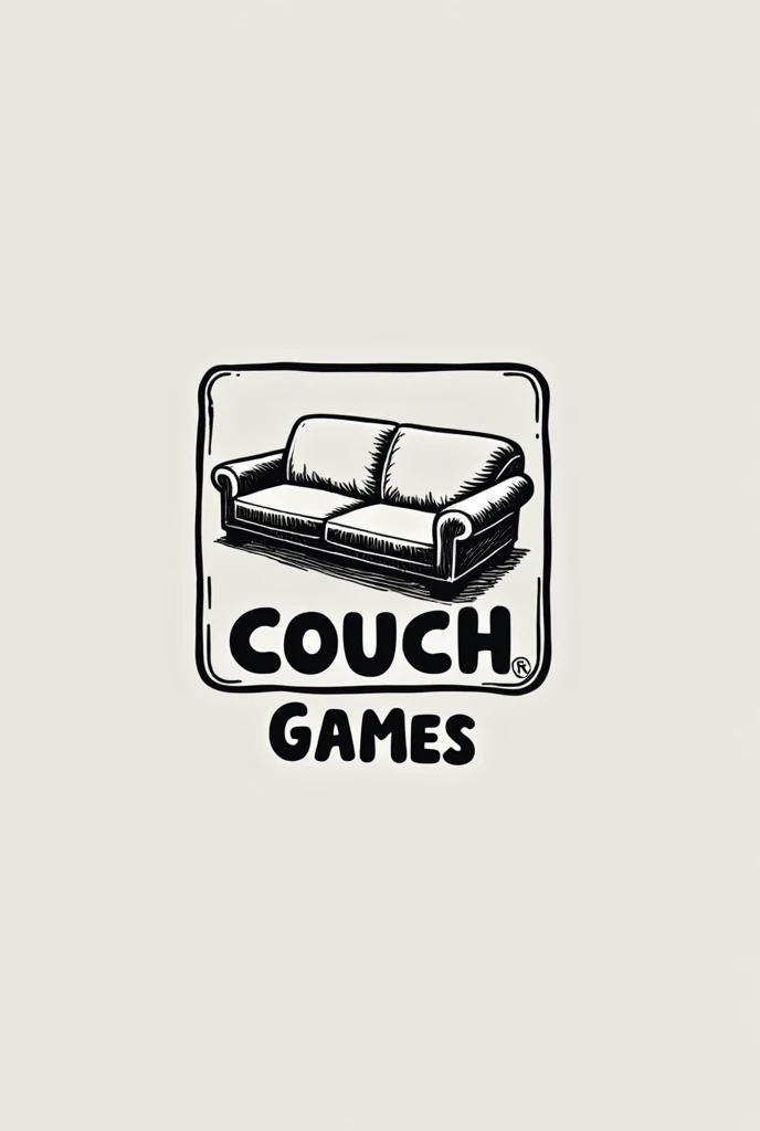 I want a logo for a video game company, that they have a two-person chair attached resting on one of its sides in a box, and with the text "Couch Games" With a minimalist style in black and white background, and 2d(as drawn) head on.