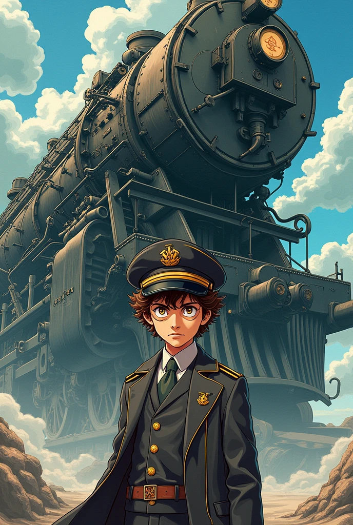 
manga style poster with in the foreground a young boy with curly brown hair and yellow eyes dressed like a loyal gentleman with an admiral&#39;s cap and a mask covering the left half of his face And in the background a huge monster made of train parts