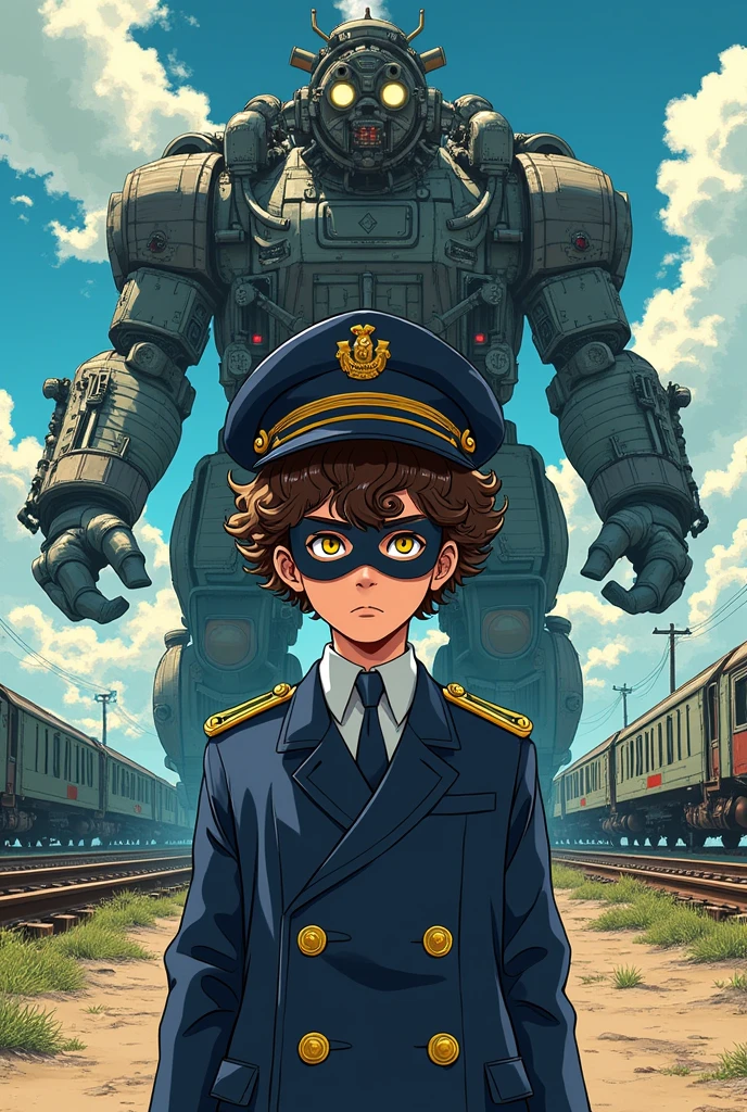manga style poster with in the foreground a young boy with curly brown hair and yellow eyes dressed like a loyal gentleman with an admiral's cap and a mask covering the left half of his face And in the background a huge monster made of train parts