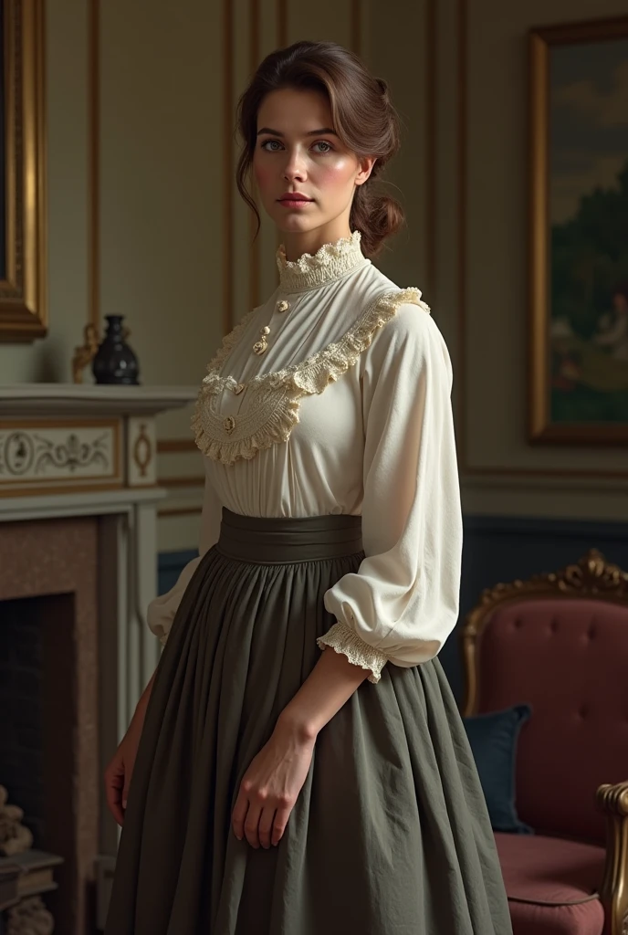 Create a Brazilian woman in the 19th century with brown hair and modest clothes, becoming rich, place her in a poor house with more chic 19th century clothes, make the clothes more closed without a cleavage
