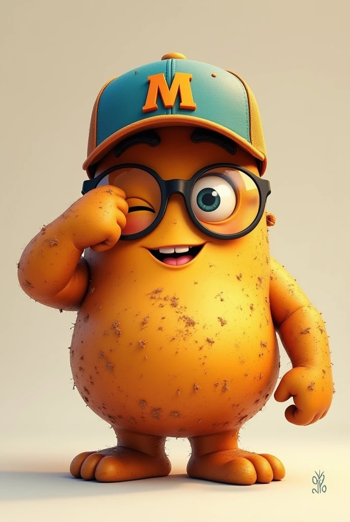 Melloco tuber with glasses and a baseball cap with the letter M and smiling, covering one eye with his muscular hand
