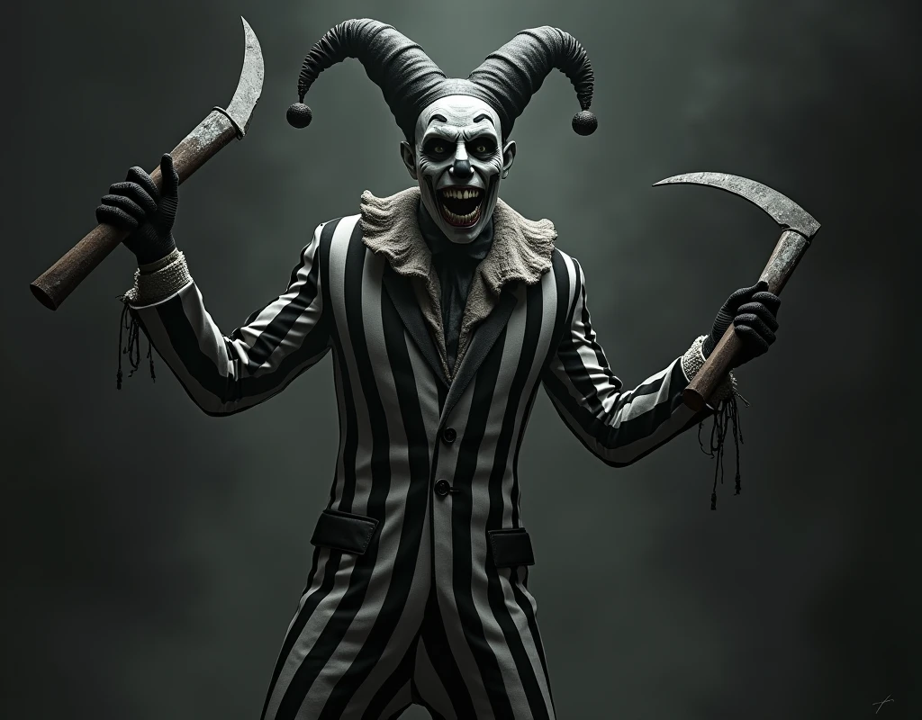 a harlequin with a crazy face holding two sickles in his hands, wearing a black and white suit and a broken Venetian half-mask.
