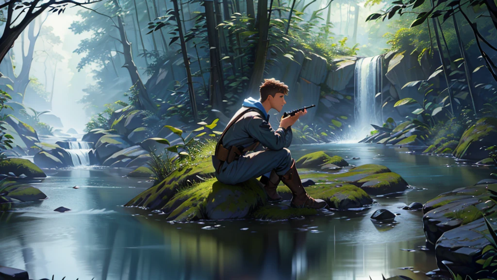 "A warrior resting in a tranquil natural environment, drinking water from a spring, symbolizing the care for physical and mental health, in a realistic, high-definition 16:9 format."