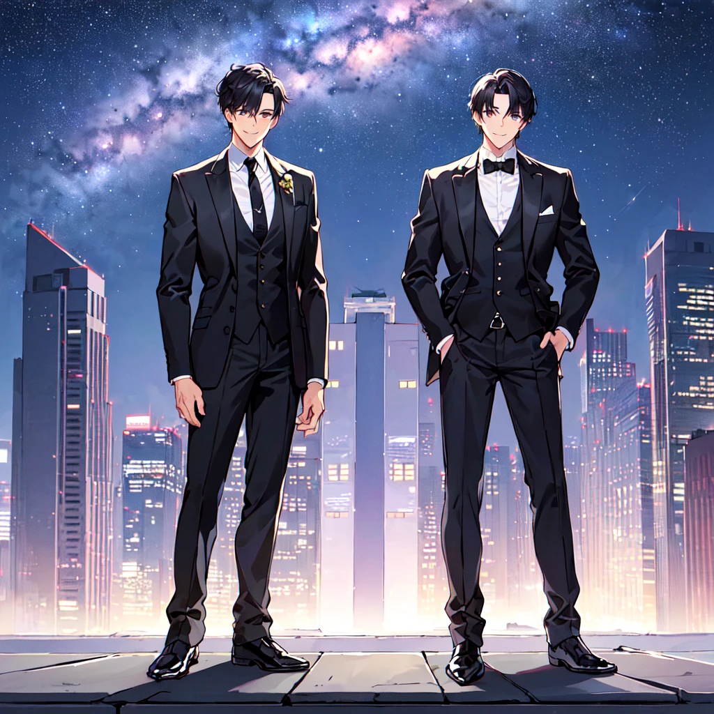 masterpiece,best quality,high quality,(2 men austere handsome two adults age 30 years old:1.5), purple eyes, cool with suspended eyes, V-shaped eyebrows, body strong and fearless 8.5 head tall, height 185cm, (well-groomed black short hair:1.4), (bangs parted into 7 thirds) 1.4), slender nose, facial muscles, throat, (black suit black tie black pants:1.3), (standing:1.3), (stylish pose), (cool smile:1.3), (background skyscraper roof:1.3) , (Milky Way Night Sky:1.3) , (upper body:1.3)