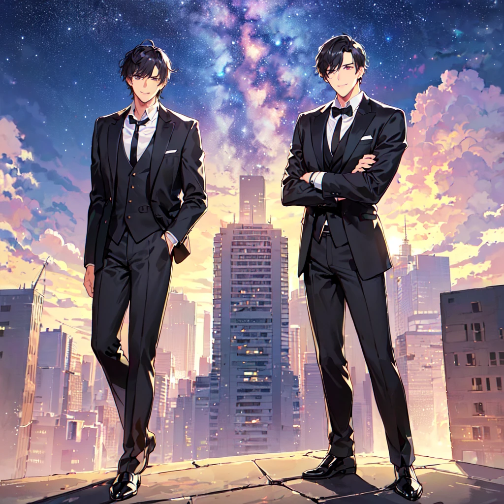 masterpiece,best quality,high quality,(2 men austere handsome two adults age 30 years old:1.5), purple eyes, cool with suspended eyes, V-shaped eyebrows, body strong and fearless 8.5 head tall, height 185cm, (well-groomed black short hair:1.4), (bangs parted into 7 thirds) 1.4), slender nose, facial muscles, throat, (black suit black tie black pants:1.3), (standing:1.3), (stylish pose), (cool smile:1.3), (background skyscraper roof:1.3) , (Milky Way Night Sky:1.3) , (upper body:1.3)
