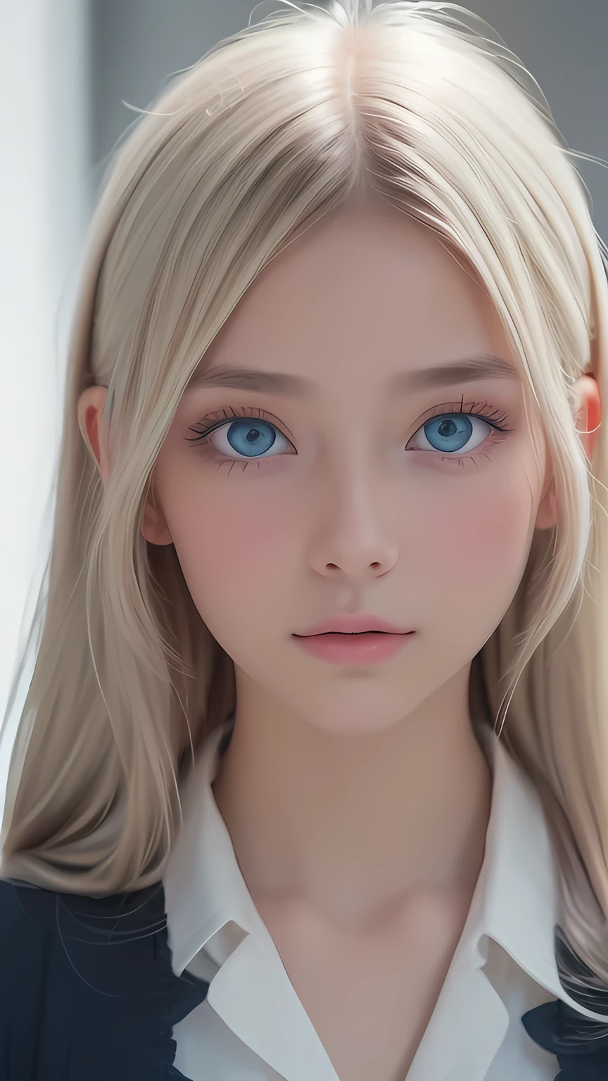 Highest quality、8K masterpiece、Ultra-high resolution、(Realistic:1.3)、RAW Photos、 A stunningly beautiful girl with shining blonde Scandinavian descent、Silvery blonde hair、Super long straight hair、Bangs between the eyes、Bangs that fall over the eyes、Bangs over one eye、Bangs between the eyes、Incredibly white, glowing skin、1. Cyberpunk Super Beautiful Soldier、((Ultra-Realistic Details))、Portraiture、Global Illumination、Shadow Realm、Octane Rendering、8k、Ultra Sharp、metals、Cool colors、、Very intricate details、Realistic Light、Trends of the CG Association、Very beautiful big bright blue eyes、Very big eyes、Eyes shining at the camera、Neon Details、Small Face Beauty、Round face、Highlights of cheek luster、eyeliner、Double eyelids