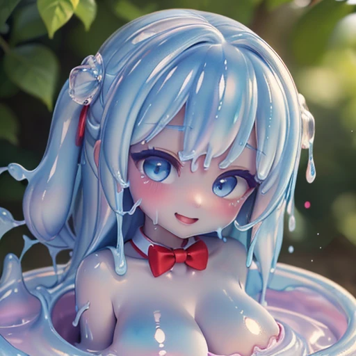 ((masterpiece,best quality,ultra-delicate,Perfect Face,16k,high resolution,very beautiful girl)),blue slime girl,high viscosity slime body,large breasts,red bowtie,smile,melting legs,nude,blue slimy caves,chibi,standing