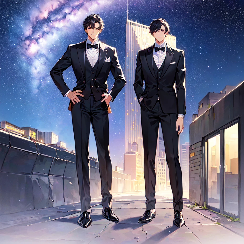 masterpiece,best quality,high quality,(2 men austere handsome two adults age 30 years old:1.5), purple eyes, cool with suspended eyes, V-shaped eyebrows, body strong and fearless 8.5 head tall, height 185cm, (well-groomed black short hair:1.4), (bangs parted into 7 thirds) 1.4), slender nose, facial muscles, throat, (black suit black tie black pants:1.3), (standing:1.3), (stylish pose), (cool smile:1.3), (background skyscraper roof:1.3) , (Milky Way Night Sky:1.3) , (upper body:1.3)