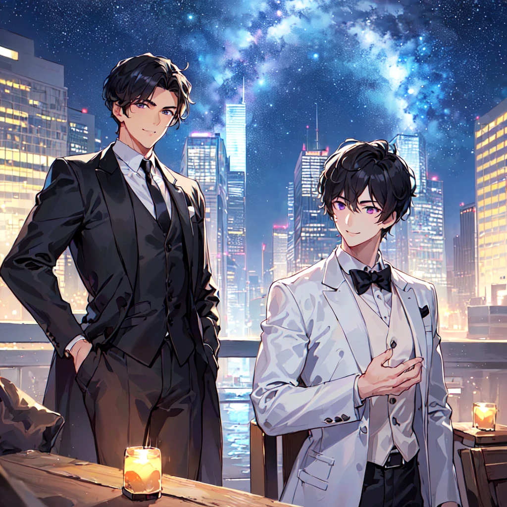 masterpiece,best quality,high quality,(2 men austere handsome two adults age 30 years old:1.5), purple eyes, cool with suspended eyes, V-shaped eyebrows, body strong and fearless 8.5 head tall, height 185cm, (well-groomed black short hair:1.4), (bangs parted into 7 thirds) 1.4), slender nose, facial muscles, throat, (black suit black tie black pants:1.3), (standing:1.3), (stylish pose), (cool smile:1.3), (background skyscraper roof:1.3) , (Milky Way Night Sky:1.3) , (upper body:1.3)