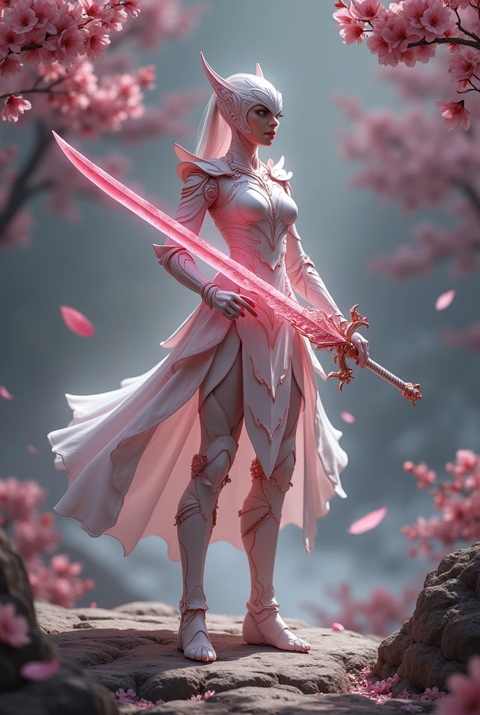 Sakurianas Warrior with the Sakura SwordThe tall, elegant warrior from the Sakurianas species is a vision of grace and power. She wears a unique armor made from a material that appears as delicate as Sakura petals but is 100 times stronger than diamond. The armor has a shimmering pink and white color scheme, resembling the natural hues of cherry blossoms. Intricate patterns of blooming Sakura flowers adorn the chest plate and shoulder guards, giving the armor an organic and fluid appearance. Her helmet, with a visor shaped like overlapping petals, completes the look, fitting perfectly to her form. Glowing pink veins of energy run through the armor, reflecting the regenerative and powerful nature of the wearer.In the warrior's hand is the Sakura Sword. This sword features a long, slightly curved blade forged from a pink metallic material that softly glows with a delicate aura. The blade is engraved with subtle designs of Sakura branches, which shimmer in shades of pink and gold as light hits it. The hilt is wrapped in pearl-white leather, adorned with rose gold accents, and at the base of the hilt, a small Sakura flower carved from rose quartz adds a final touch of elegance. The minimalist guard of the sword, decorated with small pink crystals, echoes the delicate branches of a cherry blossom tree.