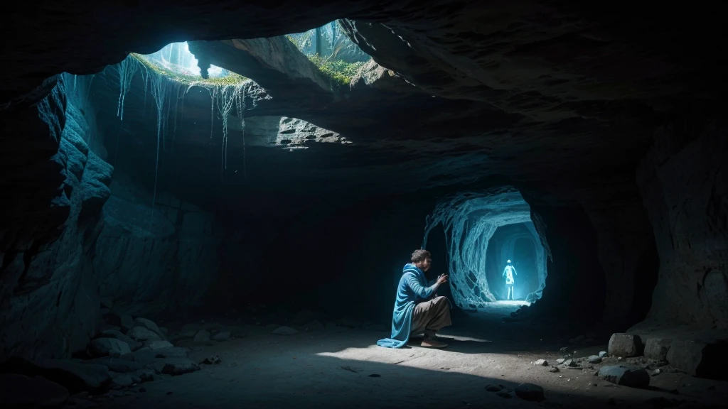 "Inside a deep, naturally formed cave with walls glowing faintly with an ethereal blue light. The man kneels at the entrance of the cave, facing inward, where a soft, otherworldly light emanates from the depths. The walls of the cave are adorned with ancient symbols and patterns, all glowing in different shades of blue. The man’s expression is one of deep concentration and awe, as if he is receiving a profound message from within the cave. The atmosphere is sacred, quiet, and filled with a sense of divine mystery."
