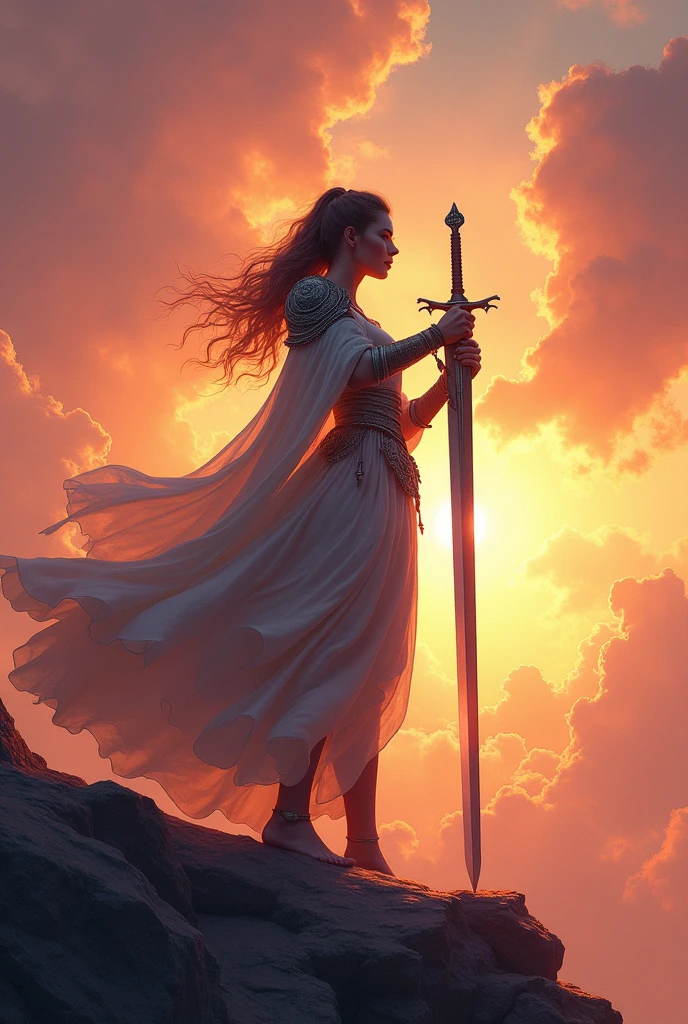 the dawn with a sword in her hand
(to draw easy)