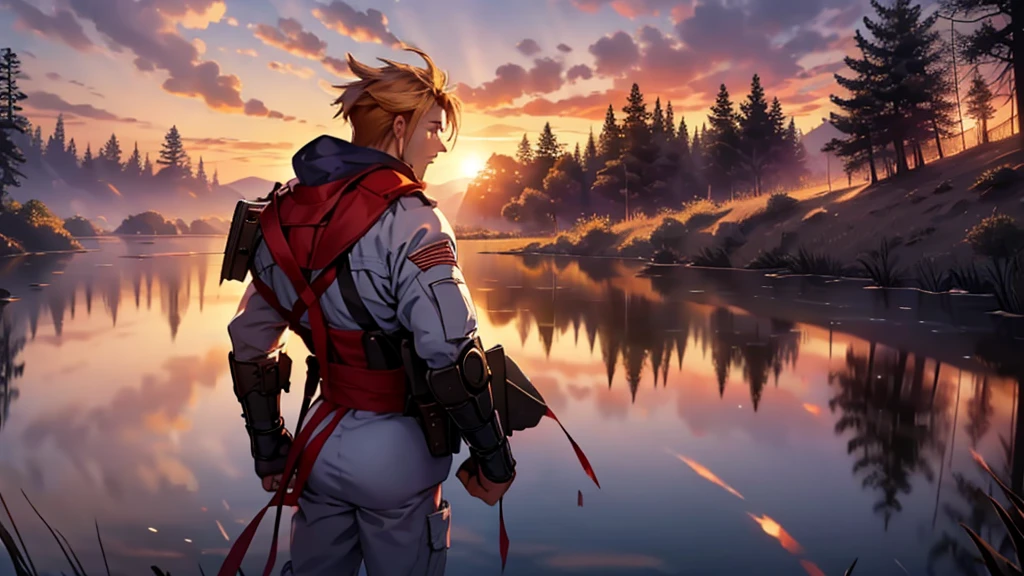 "A warrior looking over the battlefield at sunset, reflecting on the battles won and lessons learned, symbolizing the importance of reflection, in a realistic, high-definition 16:9 format."