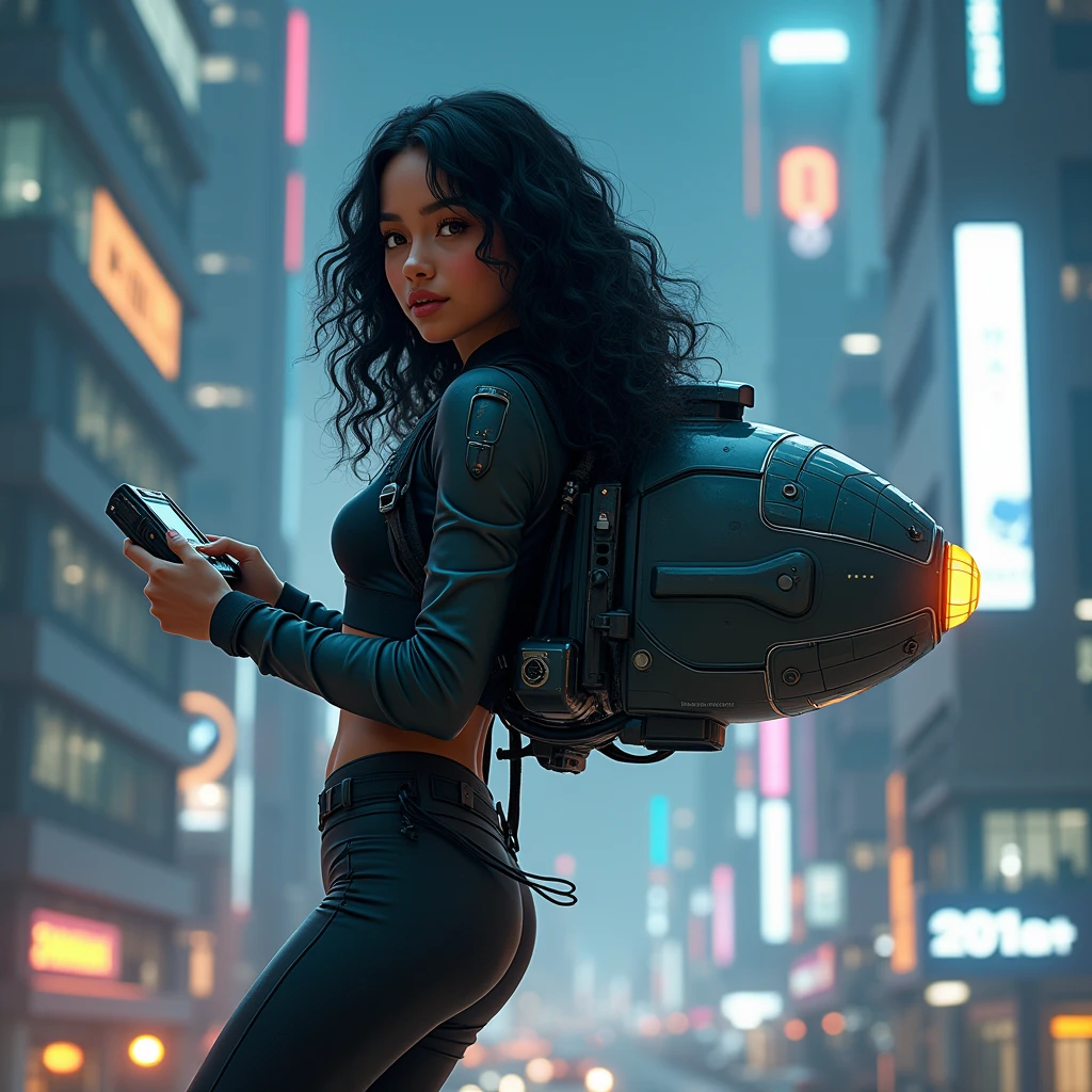 realistic photo of a (pretty girl, 20 years old, brunette, black eyes) flaying with a jetpack at her back with a kid-sized capsule atached at right side, (full lips) , ((perfect face)), [[mild smile]], proportionate body,mixed herritage, beautyfull, beautyfull face, tanned skin, two arms, two legs, five fingers by hand, full body, (softly curly black long hair but non-afro), girl flaying with a self-propeled bakcpack at her back, jet-backpack, kid-sized capsule atached at right side of the jetpack, jetpack have a kid-sized capsule atached at its right side, reinforced pants, jacket, goggles, rc device at hands, girl flying over a cyberpunk city using a jetpack, night, modern buildings, photo taken from back
