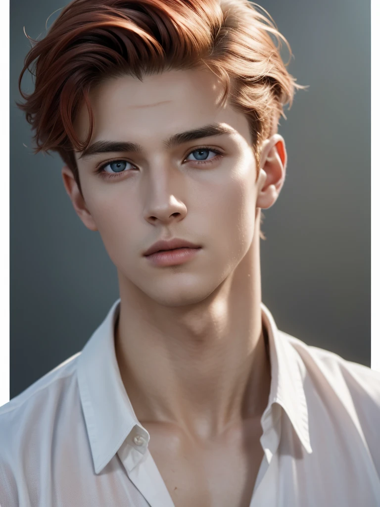 (absurdres, highres, ultra detailed, Ultra HD), Portrait of a very handsome boy, (wearing a red colour silk open shirt), red hair, Moican haircut, golden ratio, (high detailed skin:1.2), 8k uhd, dslr, soft lighting, high quality, film grain, Fujifilm XT3, professional lighting, handsome 1man , (thin lips:1.3), masterpiece, pale skin,(strong jaw:1), white skin, extremely pale skin, smooth skin, fair skin, white skin, pale skin, beautiful, gorgeous, wet, mature, perfect eyes, sexy gaze, looking at the viewers romantically, redhead boy, european boy, handsome supermodel, greek profile, young greek god, sublime beauty, delicate facial features, detailed face, perfect facial features, beautiful facial features, Greek face, strong jaw, attractive boy, focus on the boy, anatomical perfection, inematographic light, ultra detailed, hyper realistic, strong jaw, beautiful eyes, award winning (portrait photo:1. 4), high quality, hyper realistic, 4k, realistic, backlighting, (shallow depth of field:1. 5), by lee jeffries nikon d850 film stock photograph 4 kodak portra 400 camera f1. 6 lens rich colors hyper realistic lifelike texture dramatic lighting unreal engine trending on artstation cinestill 800 (vignette:1. 3), filmgrain, artistic photography, perfect composition, beautiful detailed, cinematic perfect light