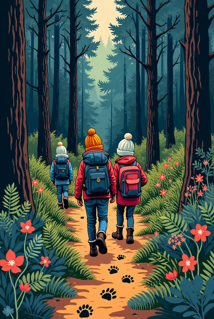 lino cut of children following a trail of paw prints through a forest. The children are wearing hats and boots, and they are carrying backpacks. The forest is full of tall trees, lush green ferns, and colorful wildflowers. ,colorful, textured, patterned, fine art print,