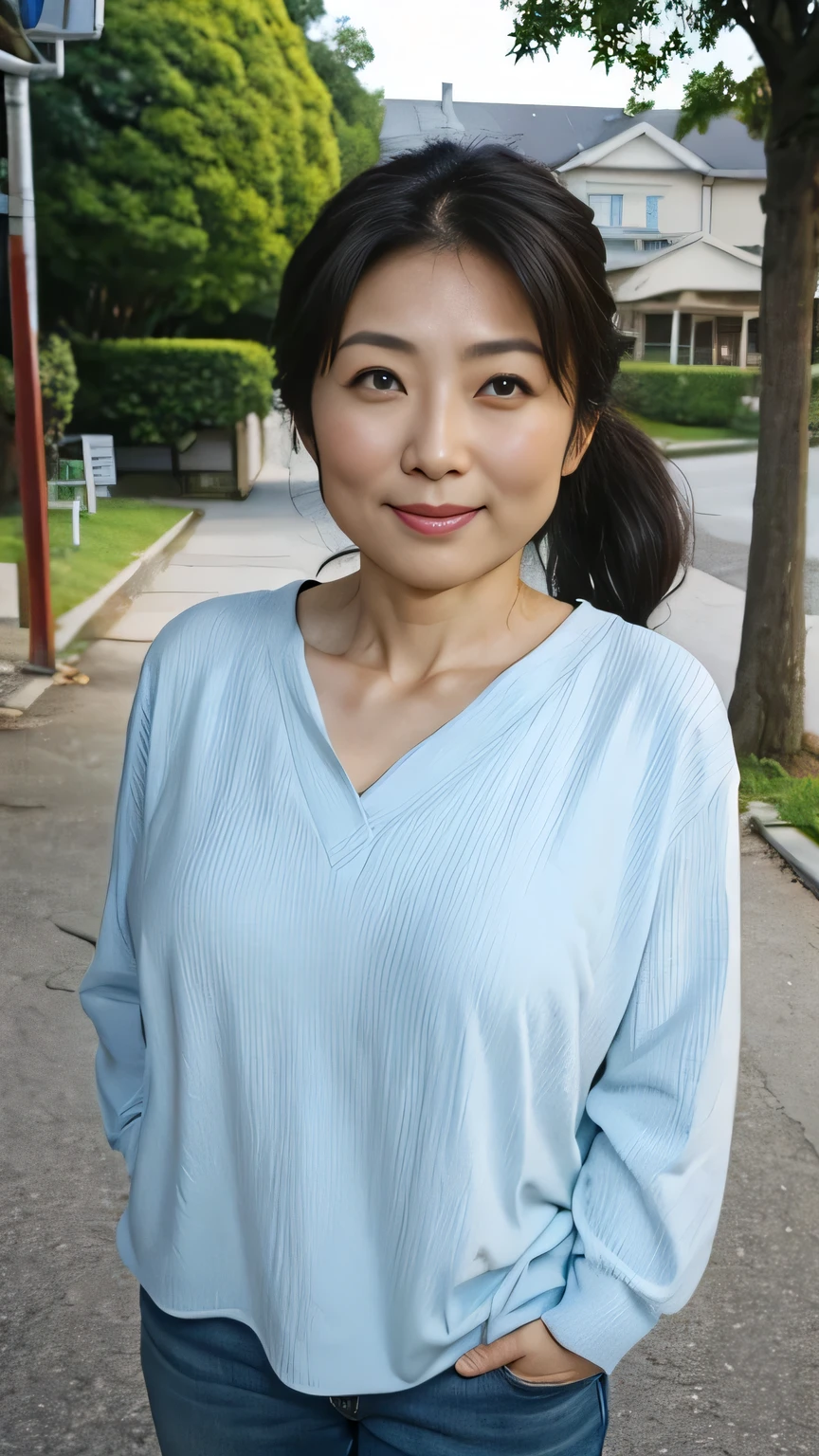 ((Highest quality)), ((masterpiece)), (detailed),Perfect Face,Walk towards here、Watching the audience、Big smile、Cowboy Shot、Shooting from below、Japanese,Mother,(((40 years old))),(Realistic facial wrinkles)、(Wrinkles around the eyes:1.2),(Tear bags),ponytail、A plain-colored V-neck sweater that shows off cleavage、Skinny jeans、Entrance to the house、detailedな手、detailedな指、detailedな目、
