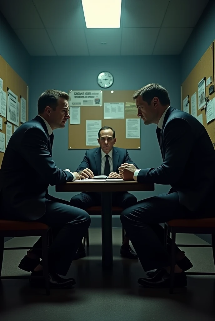 two male detectives question a citizen about a comic book version person