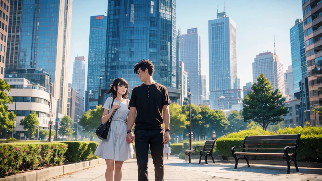 /imagine prompt: Anime man and woman engaged in cheerful conversation, city park bench, friendship, connection, urban oasis with skyscrapers in the background, creating a blend of nature and city life, detailed anime style with emphasis on character expressions, golden hour lighting casting a warm glow, vivid and contrasting colors, Sony A7III for crisp image quality, 35mm lens for a wider environmental portrait, full body shot showing the entire scene, --niji 5 --ar 9:16 --chaos 25 --stylize 400 --weird 300 --quality 1
