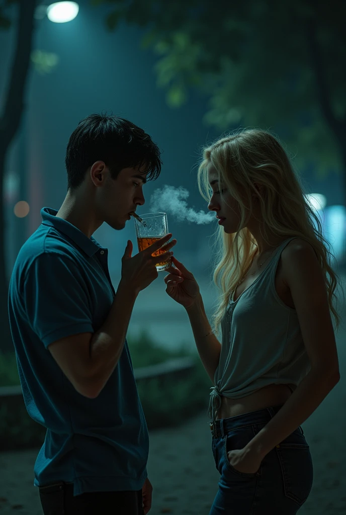 Young man with black short hair and blue polo shirt is completely drunk, drinks alcohol and looks stupidly into the picture, young girl with long blond curly hair tries to be sober herself, both are outside in a dark park in the city HYPER REALISTIC He is still drinking and has a yoint in his mouth, she looks angry 