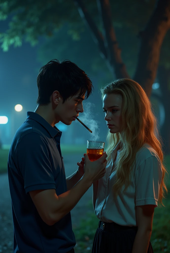 Young man with black short hair and blue polo shirt is completely drunk, drinks alcohol and looks stupidly into the picture, young girl with long blond curly hair tries to be sober herself, both are outside in a dark park in the city HYPER REALISTIC 