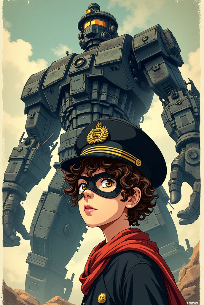 manga style poster with in the foreground a young boy with curly brown hair and yellow eyes dressed like a loyal gentleman with an admiral's cap and a mask covering the left half of his face And in the background a huge monster géant made of train parts