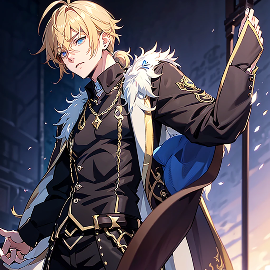 Anime attractive man, 20 year old, blonde hair, very very short ponytail, tall, muscular, solo, one person, light blue gold-accented, high-collared dress shirt, black choker, dark blazer with gold lining and buttons unbuttoned, long dark overcoat with a fur trim, sleeve cuffs rolled up near elbows.