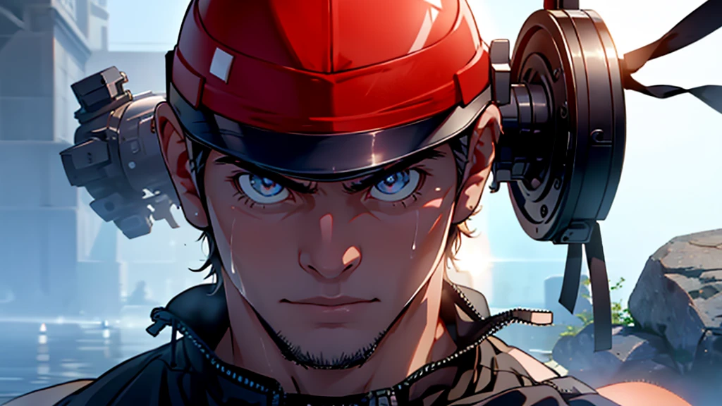 "A warrior persisting in an intense battle, with sweat dripping and focused eyes, symbolizing perseverance and long-term motivation, in a realistic, high-definition 16:9 format."