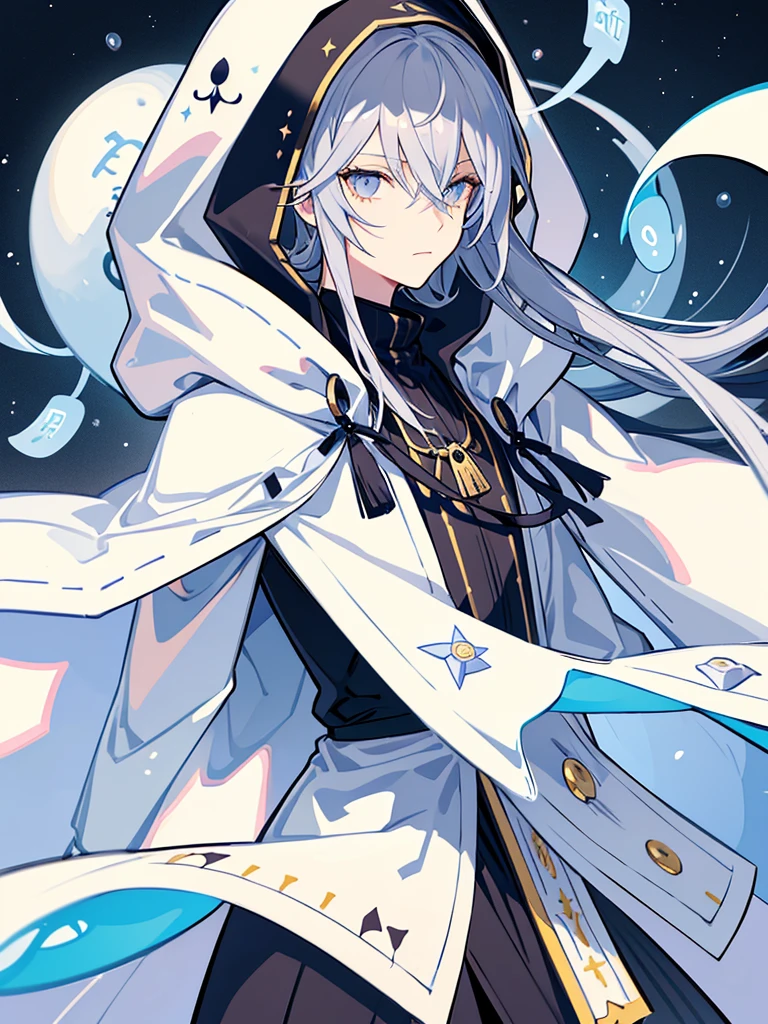 VTuber illustrations、High resolution、whole body,Gray Hair，Neutral Facial Features,cute,Clever boy,Bangs between the eyes, White eyes, Long eyelashes, Bright Eyes, Sparkling eyes, Glowing Eyes, fortune teller，Wearing the hood of a cloak，Black clothes，No background，Background white，magician，Wizard