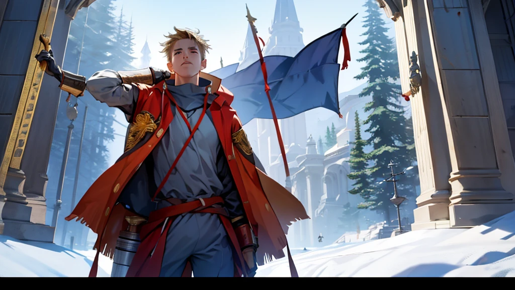 "A warrior raising a trophy or banner at the top of a mountain, with an expression of triumph and relief, symbolizing the final conquest after a long journey, in a realistic, high-definition 16:9 format."