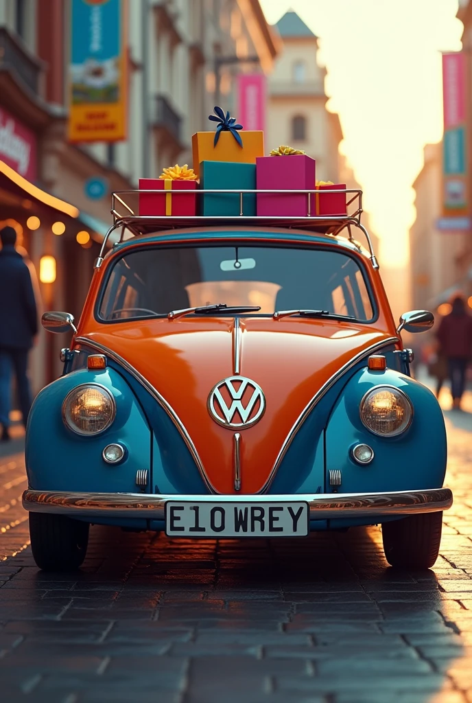 (photorealism:1.2), Beautiful Volkswagen brand wagon painted in colors with shopping bags named the wagon imports & Gifs